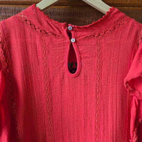 Free People Women Embroidered Ruffle Boho Top S Red Peasant Boho Prairie Western - Picture 6 of 9